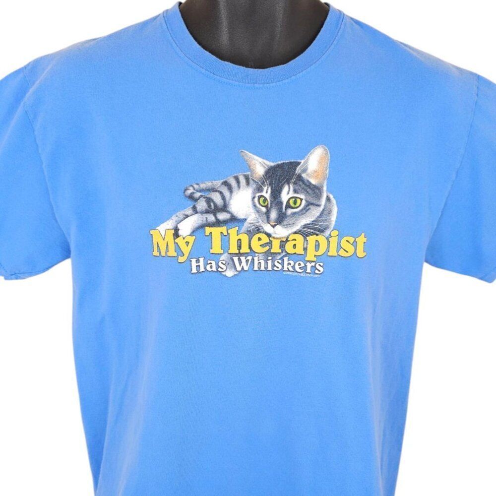 Tabby Cat T Shirt Mens Size Medium Blue My Therapist Has Whiskers Funny Humor